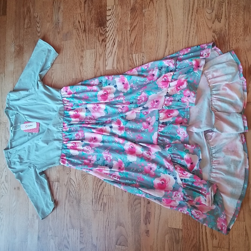 (L) NWT Pat Pat Floral Fit & Flare High Low Ruffle Midi Dress Vacation Resort
